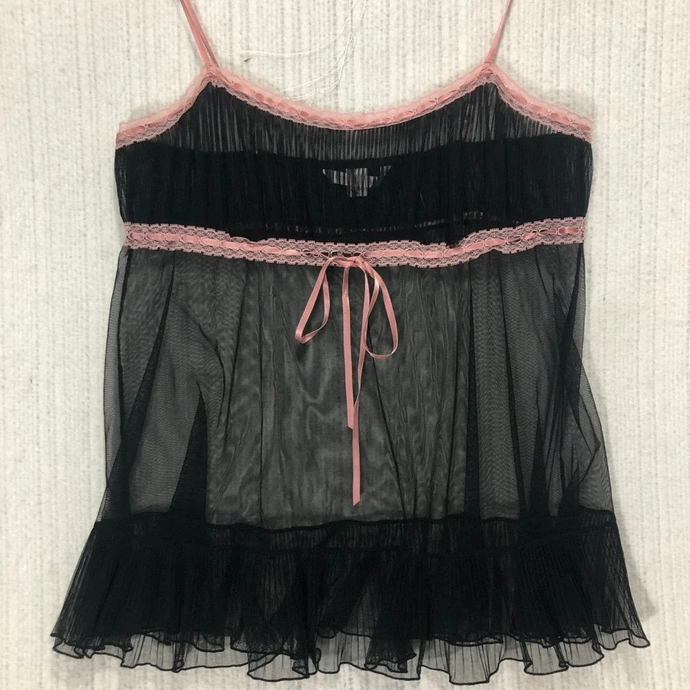 Victorias Secret Black‎ Pink Lace Babydoll Chemise Nightgown L